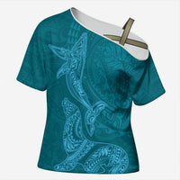Hawaiian Monk Seal and Whale Cross Shoulder Shirt Kakau Tribal Pattern Teal Color