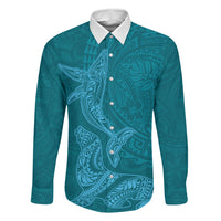 Hawaiian Monk Seal and Whale Family Matching Off Shoulder Maxi Dress and Hawaiian Shirt Kakau Tribal Pattern Teal Color LT03 Dad's Shirt - Long Sleeve Teal - Polynesian Pride