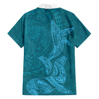 Hawaiian Monk Seal and Whale Family Matching Off Shoulder Short Dress and Hawaiian Shirt Kakau Tribal Pattern Teal Color LT03 - Polynesian Pride