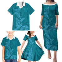 Hawaiian Monk Seal and Whale Family Matching Puletasi and Hawaiian Shirt Kakau Tribal Pattern Teal Color LT03 - Polynesian Pride