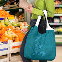 Hawaiian Monk Seal and Whale Grocery Bag Kakau Tribal Pattern Teal Color