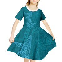 Hawaiian Monk Seal and Whale Kid Short Sleeve Dress Kakau Tribal Pattern Teal Color