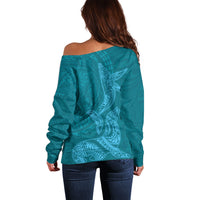 Hawaiian Monk Seal and Whale Off Shoulder Sweater Kakau Tribal Pattern Teal Color