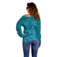 Hawaiian Monk Seal and Whale Off Shoulder Sweater Kakau Tribal Pattern Teal Color