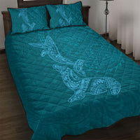 Hawaiian Monk Seal and Whale Quilt Bed Set Kakau Tribal Pattern Teal Color