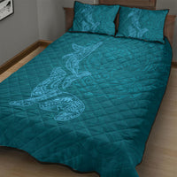 Hawaiian Monk Seal and Whale Quilt Bed Set Kakau Tribal Pattern Teal Color