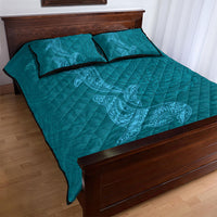 Hawaiian Monk Seal and Whale Quilt Bed Set Kakau Tribal Pattern Teal Color