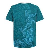 Hawaiian Monk Seal and Whale Rugby Jersey Kakau Tribal Pattern Teal Color