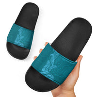 Hawaiian Monk Seal and Whale Slide Sandals Kakau Tribal Pattern Teal Color