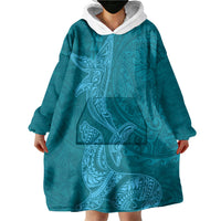 Hawaiian Monk Seal and Whale Wearable Blanket Hoodie Kakau Tribal Pattern Teal Color
