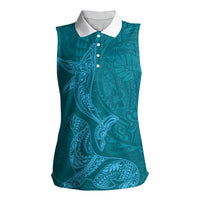 Hawaiian Monk Seal and Whale Women Sleeveless Polo Shirt Kakau Tribal Pattern Teal Color LT03 Female Teal - Polynesian Pride
