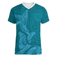 Hawaiian Monk Seal and Whale Women V-Neck T-Shirt Kakau Tribal Pattern Teal Color LT03 Female Teal - Polynesian Pride