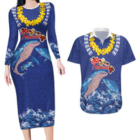 Hawaiian Sea Animals Couples Matching Long Sleeve Bodycon Dress and Hawaiian Shirt Whales Shark and Turtle Guardians with Tribal Pattern LT03 Blue - Polynesian Pride