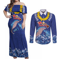Hawaiian Sea Animals Couples Matching Off Shoulder Maxi Dress and Long Sleeve Button Shirt Whales Shark and Turtle Guardians with Tribal Pattern LT03 Blue - Polynesian Pride