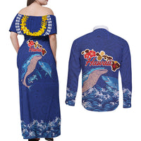 Hawaiian Sea Animals Couples Matching Off Shoulder Maxi Dress and Long Sleeve Button Shirt Whales Shark and Turtle Guardians with Tribal Pattern LT03 - Polynesian Pride