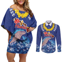 Hawaiian Sea Animals Couples Matching Off Shoulder Short Dress and Long Sleeve Button Shirt Whales Shark and Turtle Guardians with Tribal Pattern LT03 Blue - Polynesian Pride