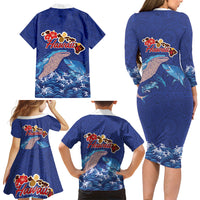 Hawaiian Sea Animals Family Matching Long Sleeve Bodycon Dress and Hawaiian Shirt Whales Shark and Turtle Guardians with Tribal Pattern LT03 - Polynesian Pride