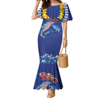 Hawaiian Sea Animals Family Matching Mermaid Dress and Hawaiian Shirt Whales Shark and Turtle Guardians with Tribal Pattern LT03 Mom's Dress Blue - Polynesian Pride