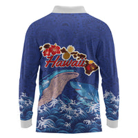 Hawaiian Sea Animals Long Sleeve Polo Shirt Whales Shark and Turtle Guardians with Tribal Pattern