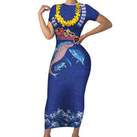 Hawaiian Sea Animals Short Sleeve Bodycon Dress Whales Shark and Turtle Guardians with Tribal Pattern LT03 Long Dress Blue - Polynesian Pride
