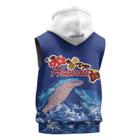 Hawaiian Sea Animals Sleeveless Hoodie Whales Shark and Turtle Guardians with Tribal Pattern