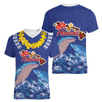 Hawaiian Sea Animals Women V-Neck T-Shirt Whales Shark and Turtle Guardians with Tribal Pattern LT03 - Polynesian Pride