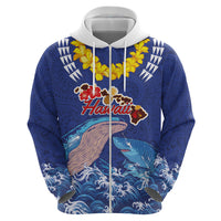 Hawaiian Sea Animals Zip Hoodie Whales Shark and Turtle Guardians with Tribal Pattern