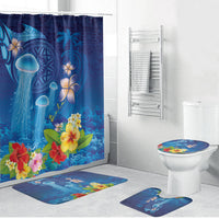 Fiji Jellyfish Bathroom Set Tapa Patterns and Hibiscus Sea Vibe LT03 Bathroom Set (4 pcs) Blue - Polynesian Pride