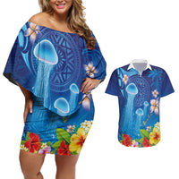 Fiji Jellyfish Couples Matching Off Shoulder Short Dress and Hawaiian Shirt Tapa Patterns and Hibiscus Sea Vibe LT03 Blue - Polynesian Pride