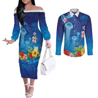 Fiji Jellyfish Couples Matching Off The Shoulder Long Sleeve Dress and Long Sleeve Button Shirt Tapa Patterns and Hibiscus Sea Vibe LT03 Blue - Polynesian Pride