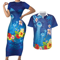 Fiji Jellyfish Couples Matching Short Sleeve Bodycon Dress and Hawaiian Shirt Tapa Patterns and Hibiscus Sea Vibe LT03 Blue - Polynesian Pride