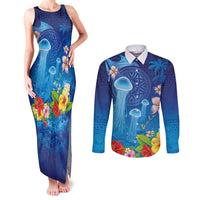 Fiji Jellyfish Couples Matching Tank Maxi Dress and Long Sleeve Button Shirt Tapa Patterns and Hibiscus Sea Vibe LT03 Blue - Polynesian Pride