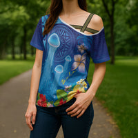 Fiji Jellyfish Cross Shoulder Shirt Tapa Patterns and Hibiscus Sea Vibe