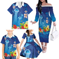 Fiji Jellyfish Family Matching Off The Shoulder Long Sleeve Dress and Hawaiian Shirt Tapa Patterns and Hibiscus Sea Vibe LT03 - Polynesian Pride