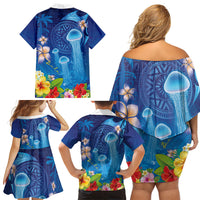 Fiji Jellyfish Family Matching Off Shoulder Short Dress and Hawaiian Shirt Tapa Patterns and Hibiscus Sea Vibe LT03 - Polynesian Pride