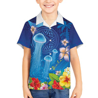 Fiji Jellyfish Family Matching Puletasi and Hawaiian Shirt Tapa Patterns and Hibiscus Sea Vibe LT03 Son's Shirt Blue - Polynesian Pride