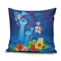 Fiji Jellyfish Pillow Cover Tapa Patterns and Hibiscus Sea Vibe
