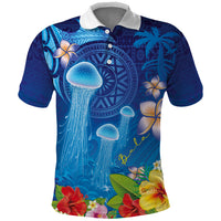 Fiji Jellyfish Polo Shirt Tapa Patterns and Hibiscus Sea Vibe