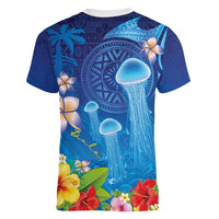 Fiji Jellyfish Women V-Neck T-Shirt Tapa Patterns and Hibiscus Sea Vibe