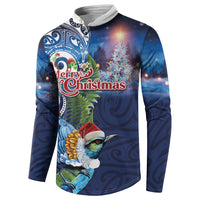 New Zealand Merry Christmas Button Sweatshirt Maori Tribal Pattern with Xmas Tui Bird