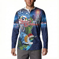 New Zealand Merry Christmas Button Sweatshirt Maori Tribal Pattern with Xmas Tui Bird