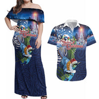 New Zealand Merry Christmas Couples Matching Off Shoulder Maxi Dress and Hawaiian Shirt Maori Tribal Pattern with Xmas Tui Bird LT03 Multicolor - Polynesian Pride