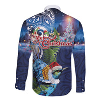 New Zealand Merry Christmas Long Sleeve Button Shirt Maori Tribal Pattern with Xmas Tui Bird LT03 - Polynesian Pride