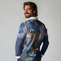 New Zealand Merry Christmas Long Sleeve Polo Shirt Maori Tribal Pattern with Xmas Tui Bird LT03 - Polynesian Pride