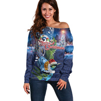 New Zealand Merry Christmas Off Shoulder Sweater Maori Tribal Pattern with Xmas Tui Bird