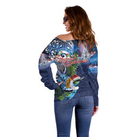 New Zealand Merry Christmas Off Shoulder Sweater Maori Tribal Pattern with Xmas Tui Bird