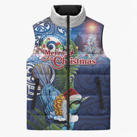 New Zealand Merry Christmas Sleeveless Puffer Jacket Maori Tribal Pattern with Xmas Tui Bird