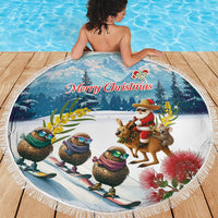 New Zealand and Australia Merry Christmas Beach Blanket Kiwi Birds Skiing and Koala Santa Riding Kangaroo LT03 - Polynesian Pride