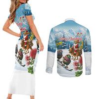 New Zealand and Australia Merry Christmas Couples Matching Short Sleeve Bodycon Dress and Long Sleeve Button Shirt Kiwi Birds Skiing and Koala Santa Riding Kangaroo LT03 - Polynesian Pride
