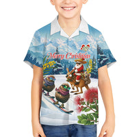 New Zealand and Australia Merry Christmas Family Matching Short Sleeve Bodycon Dress and Hawaiian Shirt Kiwi Birds Skiing and Koala Santa Riding Kangaroo LT03 Son's Shirt Multicolor - Polynesian Pride